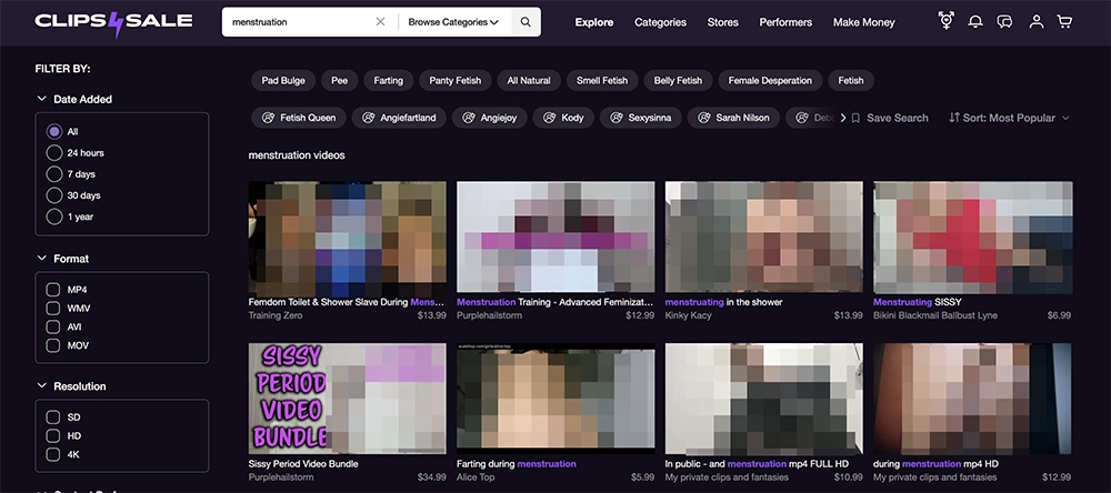 Clips4Sale menstruation videos