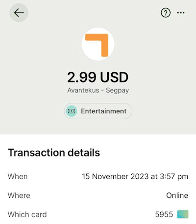 What our transaction looked like after paying for a Camarads trial