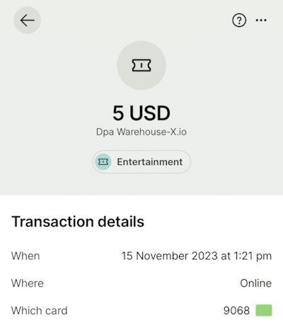 How our transaction appeared in the billing for Warehouse-X.io